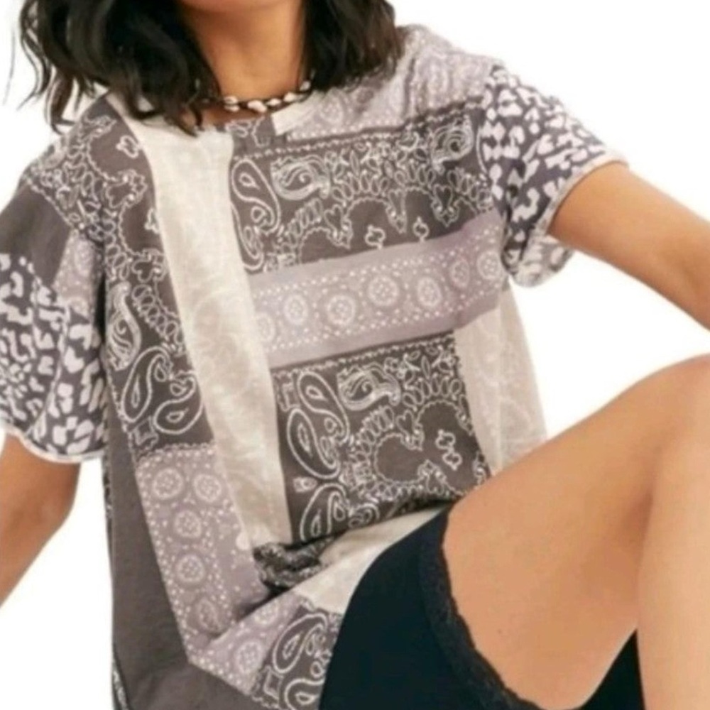 Free People Paisley Pattern Slub Shirt Size Large Grey